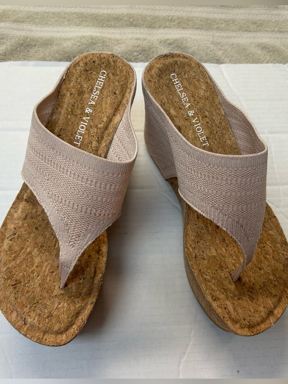 Chelsea & Violet Beige Wedge Thong Sandals, size 8.5”